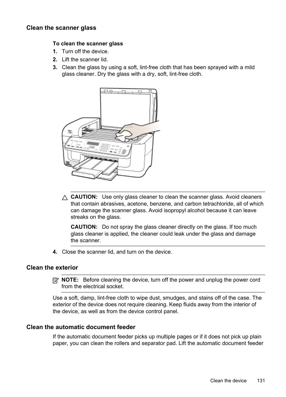Clean the scanner glass, Clean the exterior, Clean the automatic document feeder | HP Officejet J6480 All-in-One Printer User Manual | Page 135 / 218