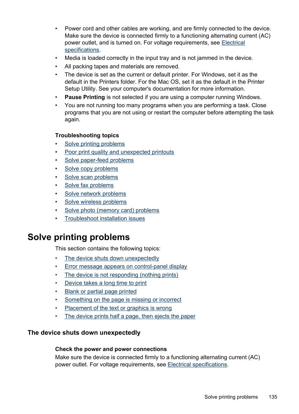 Solve printing problems, The device shuts down unexpectedly | HP Officejet J6480 All-in-One Printer User Manual | Page 139 / 218