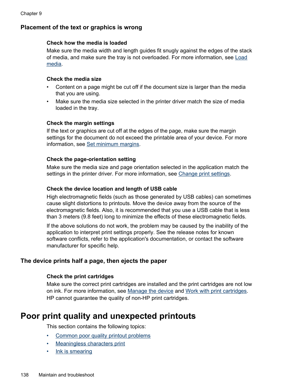 Placement of the text or graphics is wrong, Poor print quality and unexpected printouts | HP Officejet J6480 All-in-One Printer User Manual | Page 142 / 218