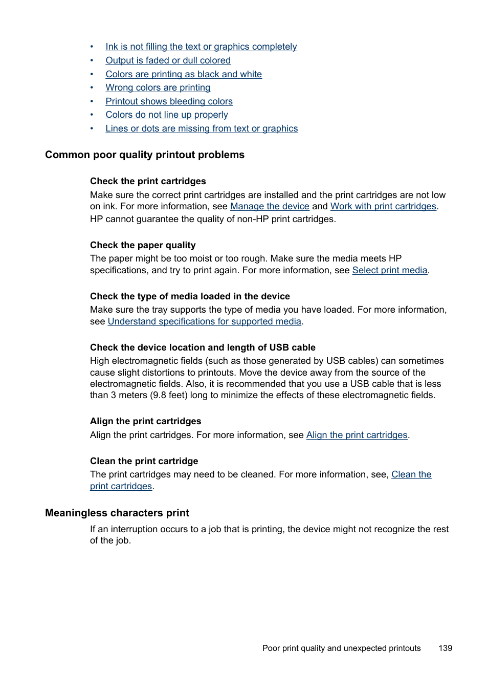 Common poor quality printout problems, Meaningless characters print | HP Officejet J6480 All-in-One Printer User Manual | Page 143 / 218