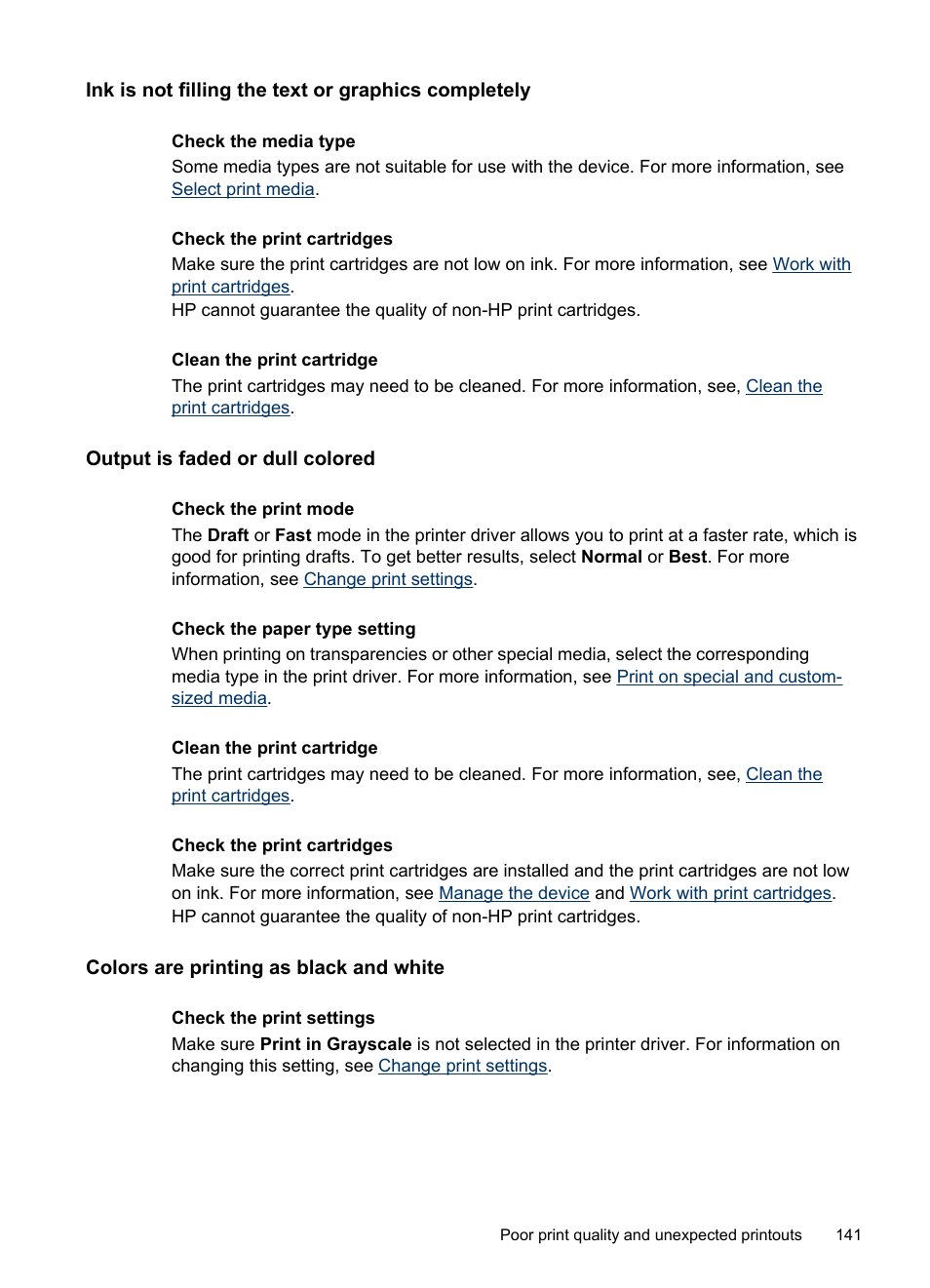 Ink is not filling the text or graphics completely, Output is faded or dull colored, Colors are printing as black and white | HP Officejet J6480 All-in-One Printer User Manual | Page 145 / 218