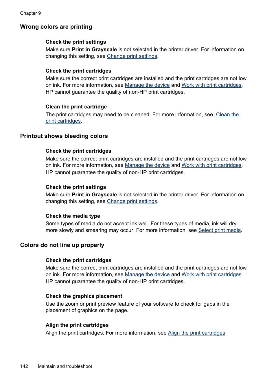 Wrong colors are printing, Printout shows bleeding colors, Colors do not line up properly | HP Officejet J6480 All-in-One Printer User Manual | Page 146 / 218