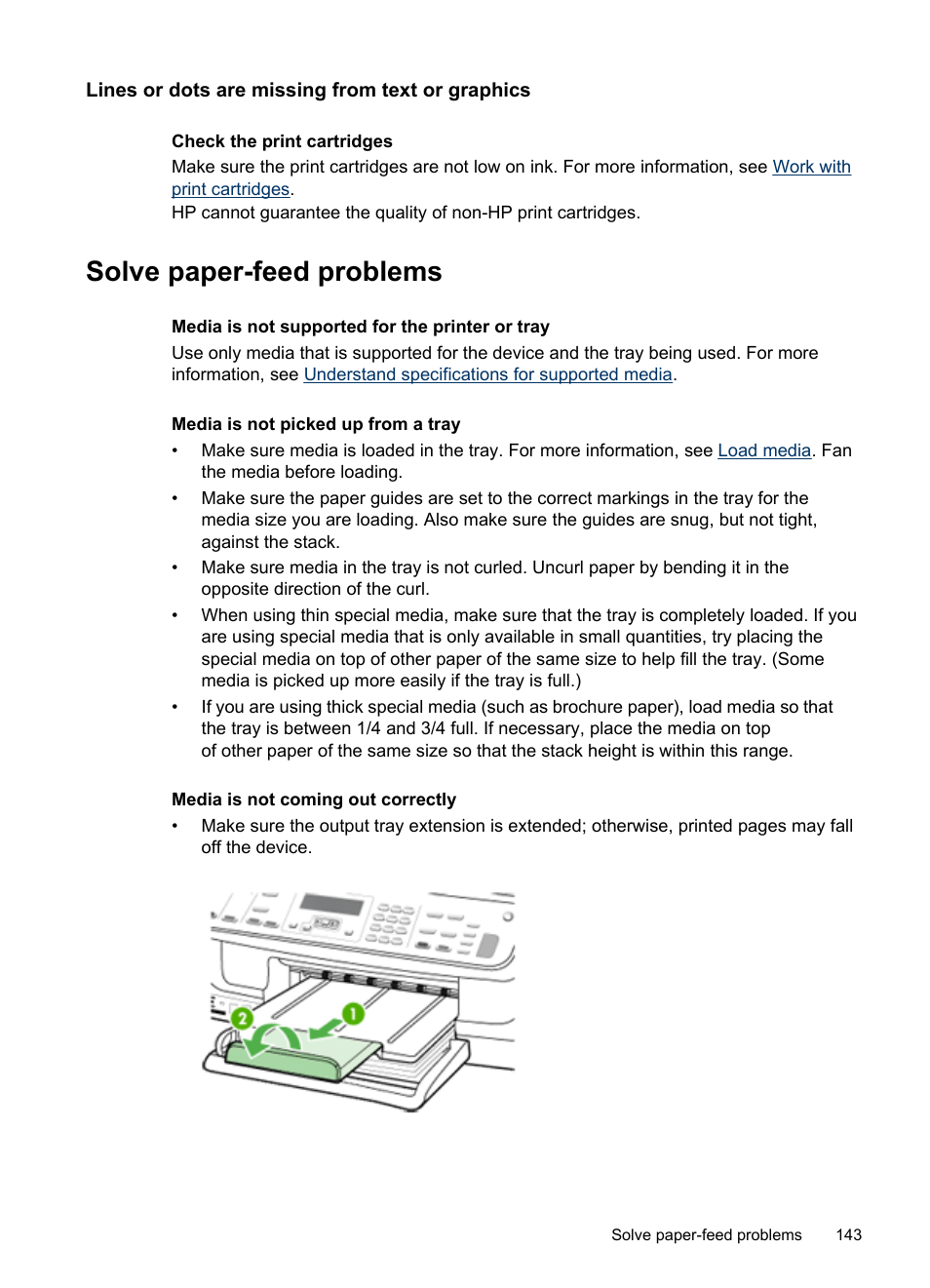 Lines or dots are missing from text or graphics, Solve paper-feed problems, Solve | Paper-feed problems | HP Officejet J6480 All-in-One Printer User Manual | Page 147 / 218