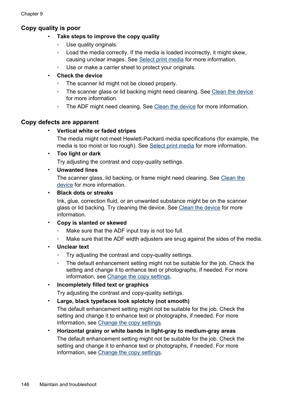 Copy quality is poor, Copy defects are apparent | HP Officejet J6480 All-in-One Printer User Manual | Page 150 / 218