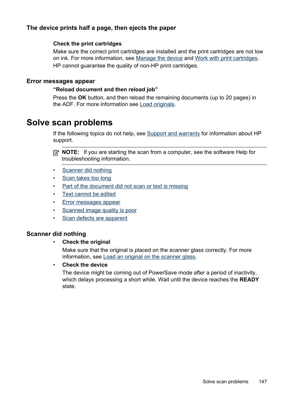 Error messages appear, Solve scan problems, Scanner did nothing | HP Officejet J6480 All-in-One Printer User Manual | Page 151 / 218