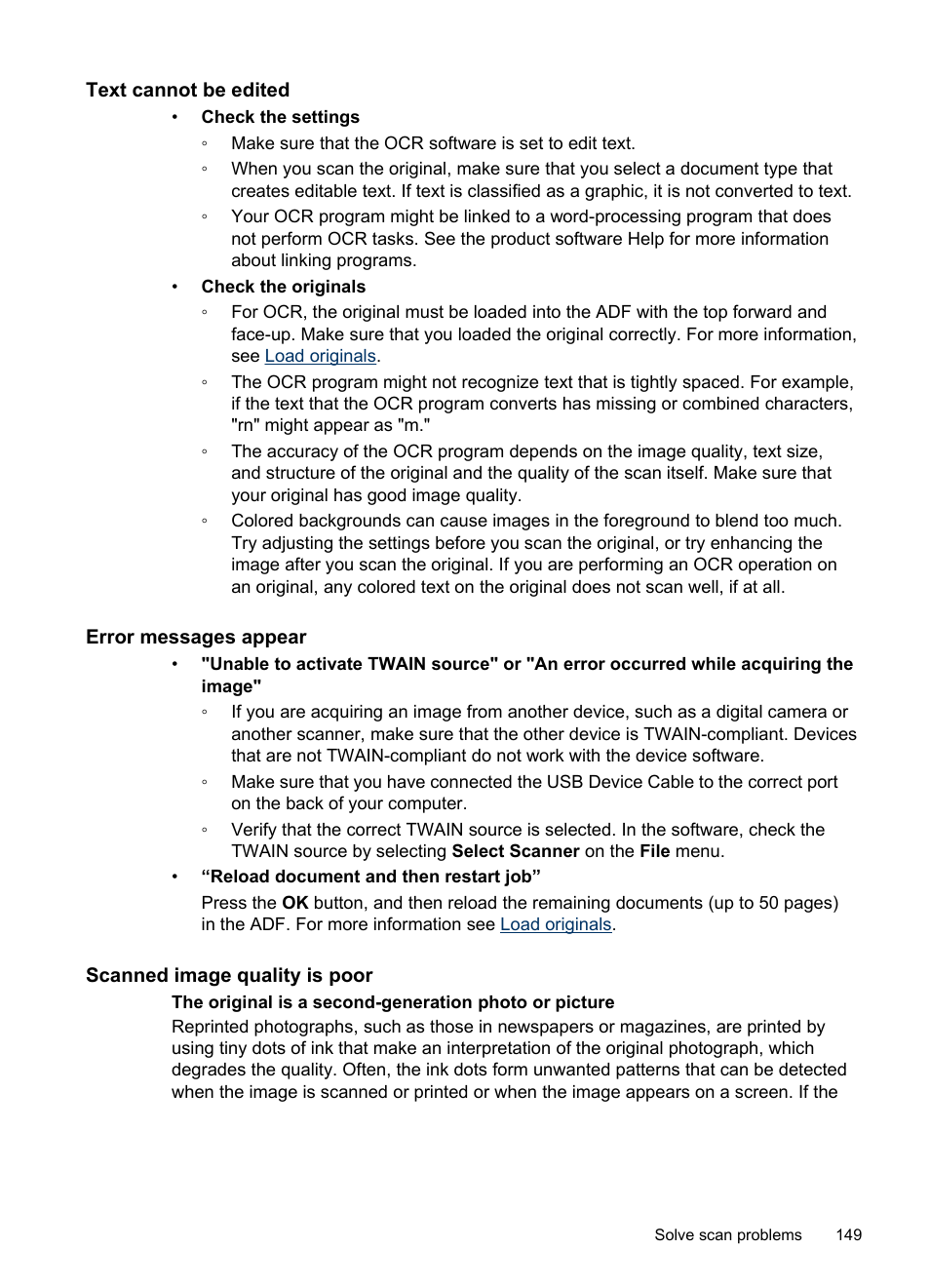Text cannot be edited, Error messages appear, Scanned image quality is poor | HP Officejet J6480 All-in-One Printer User Manual | Page 153 / 218