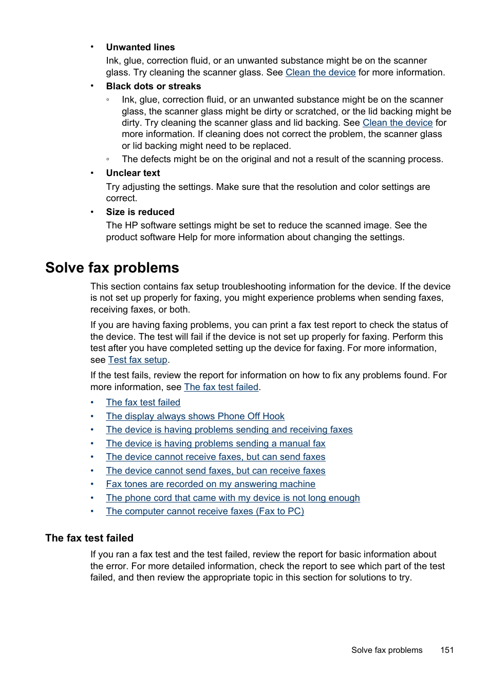 Solve fax problems, The fax test failed | HP Officejet J6480 All-in-One Printer User Manual | Page 155 / 218