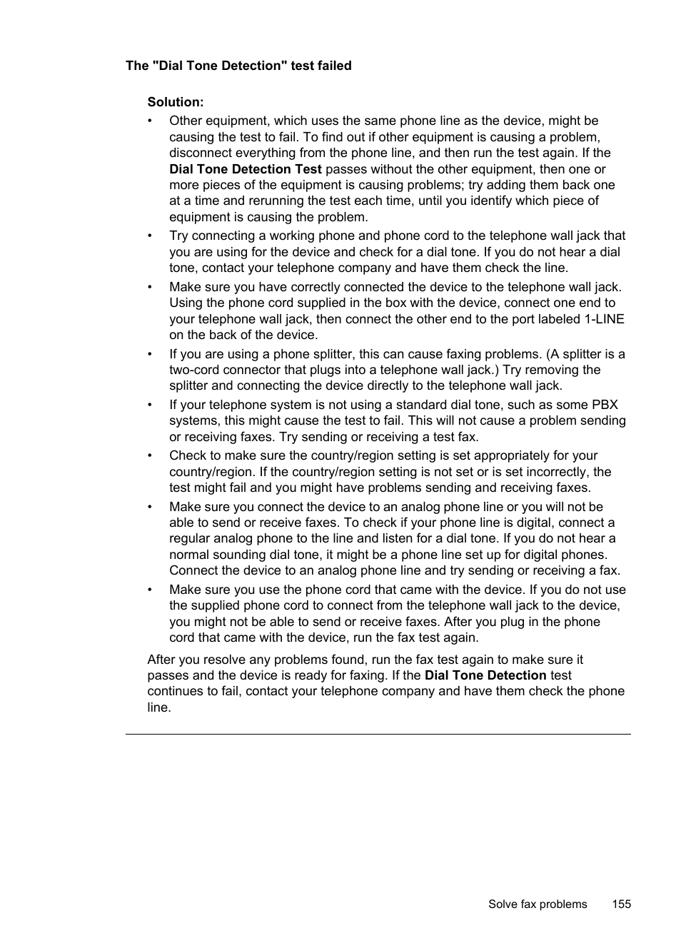 The "dial tone detection" test failed | HP Officejet J6480 All-in-One Printer User Manual | Page 159 / 218