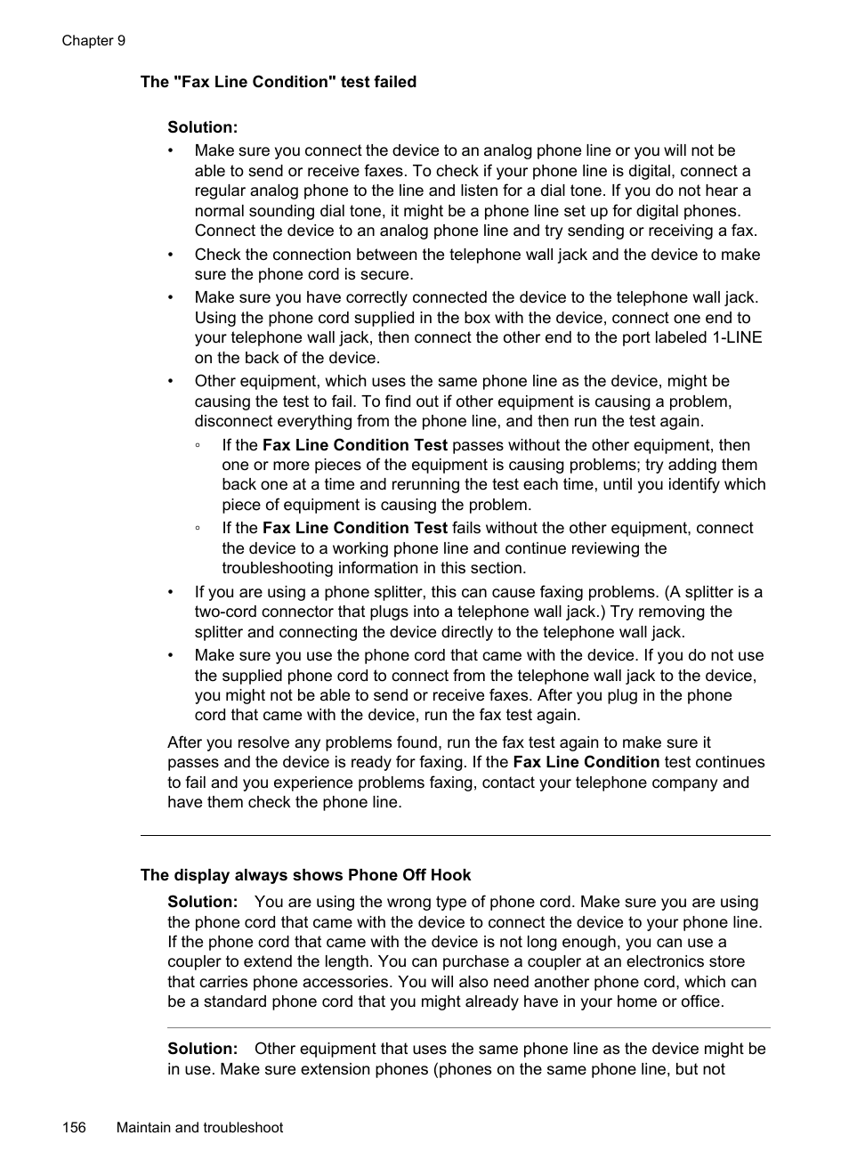 The display always shows phone off hook, The "fax line condition" test failed | HP Officejet J6480 All-in-One Printer User Manual | Page 160 / 218