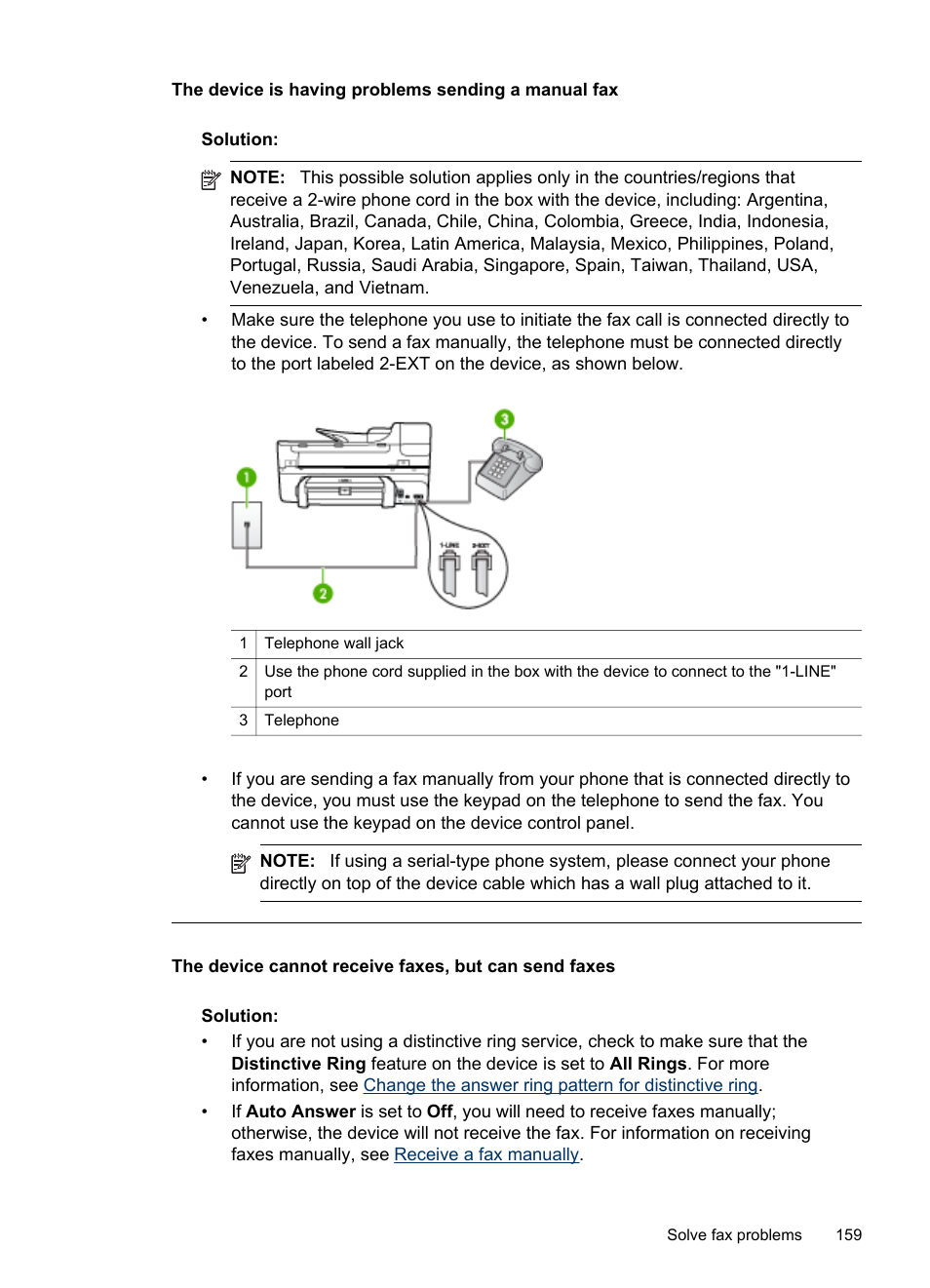 The device is having problems sending a manual fax | HP Officejet J6480 All-in-One Printer User Manual | Page 163 / 218
