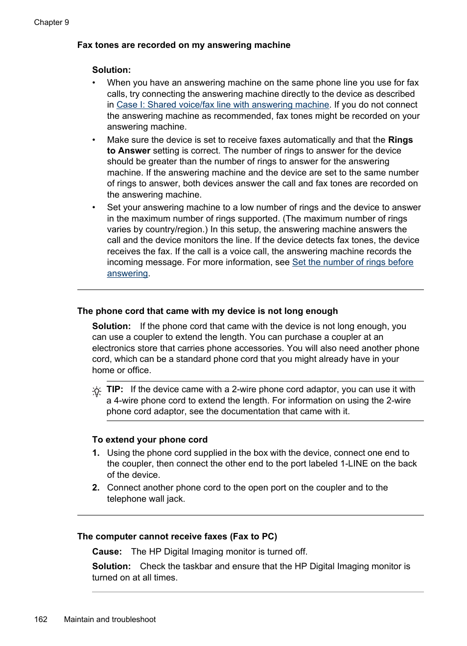 Fax tones are recorded on my answering machine, The computer cannot receive faxes (fax to pc) | HP Officejet J6480 All-in-One Printer User Manual | Page 166 / 218