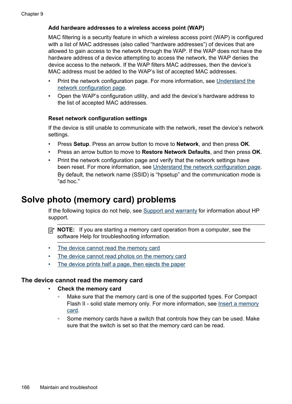 Solve photo (memory card) problems, The device cannot read the memory card | HP Officejet J6480 All-in-One Printer User Manual | Page 170 / 218