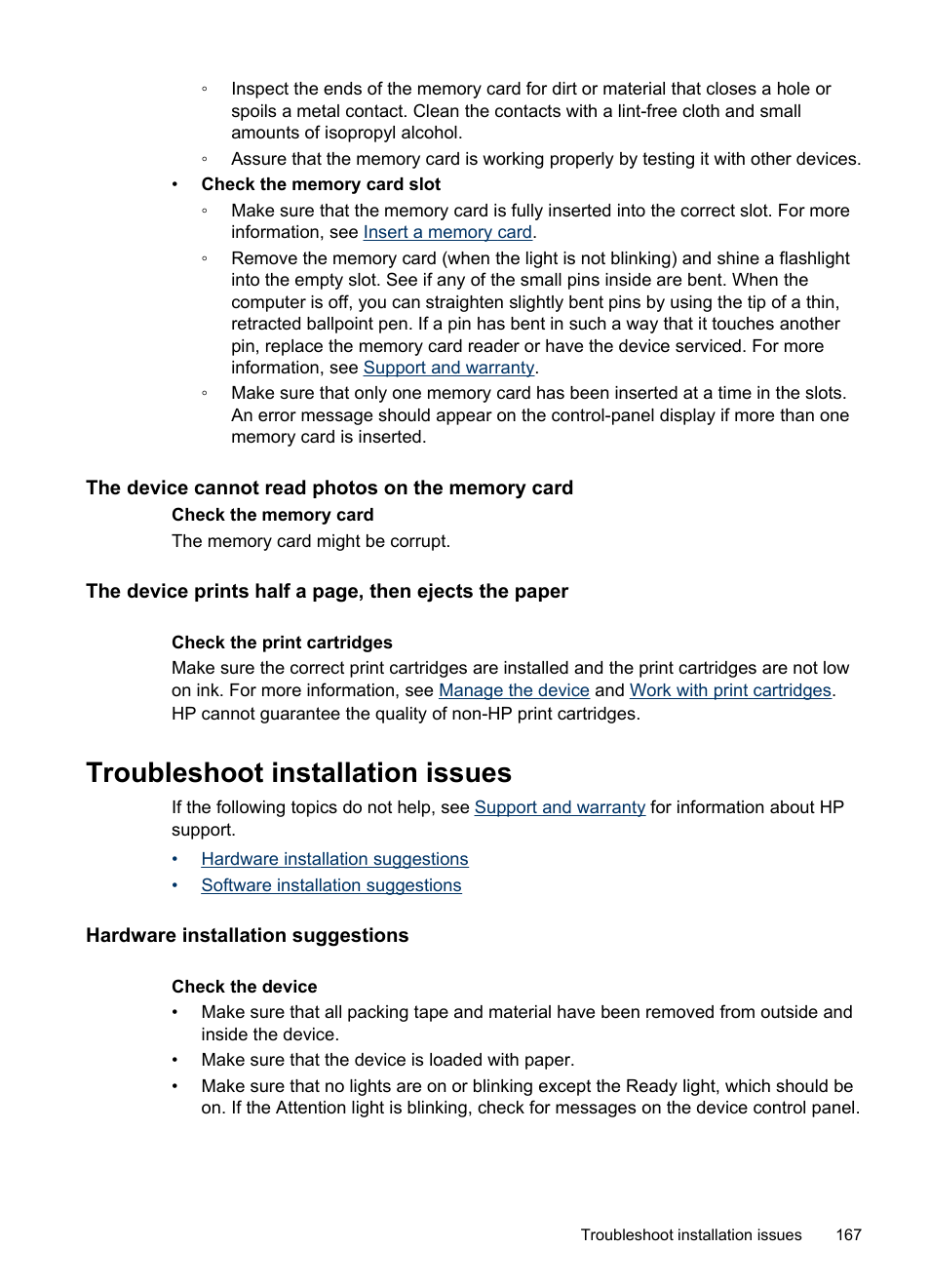 The device cannot read photos on the memory card, Troubleshoot installation issues, Hardware installation suggestions | HP Officejet J6480 All-in-One Printer User Manual | Page 171 / 218