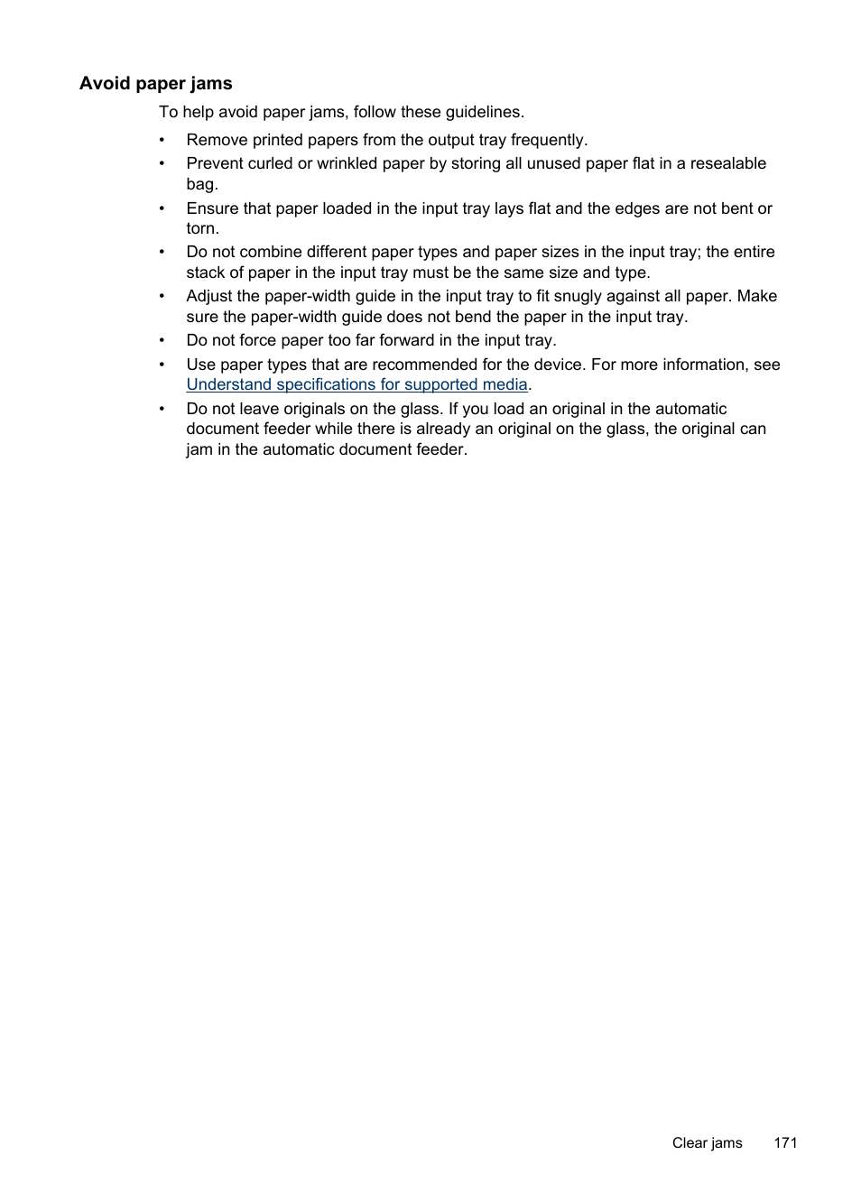 Avoid paper jams | HP Officejet J6480 All-in-One Printer User Manual | Page 175 / 218