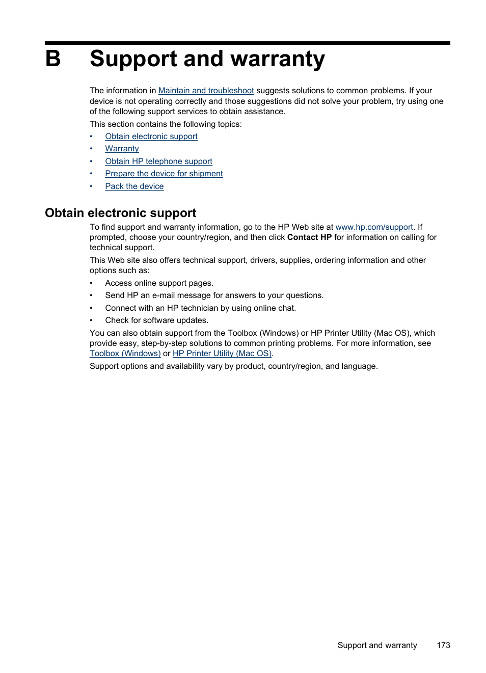 Support and warranty, Obtain electronic support, B support and warranty | Information, see, Support, And warranty, For information, Help, see, Bsupport and warranty | HP Officejet J6480 All-in-One Printer User Manual | Page 177 / 218