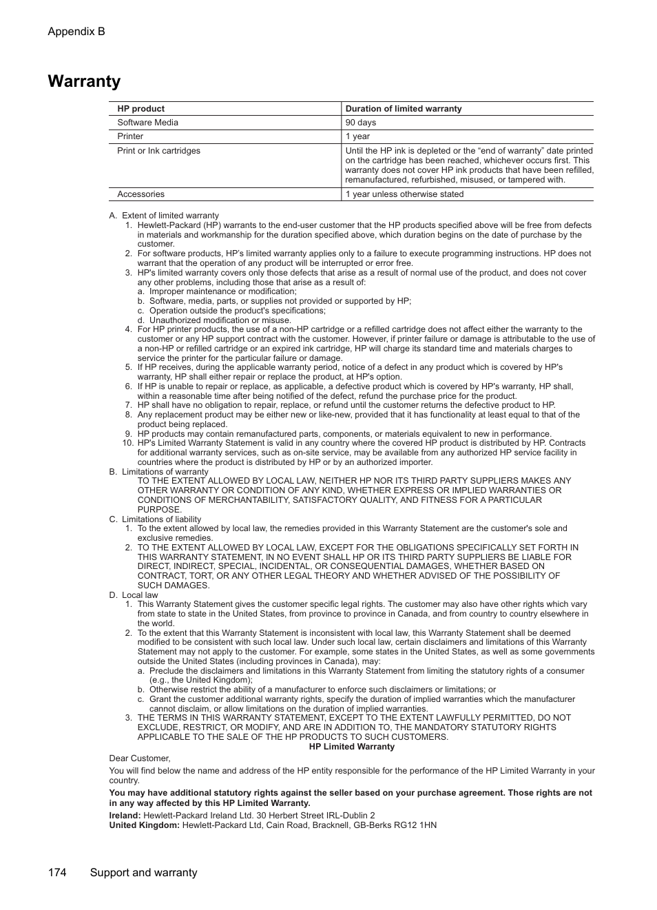 Warranty, Appendix b 174 support and warranty | HP Officejet J6480 All-in-One Printer User Manual | Page 178 / 218