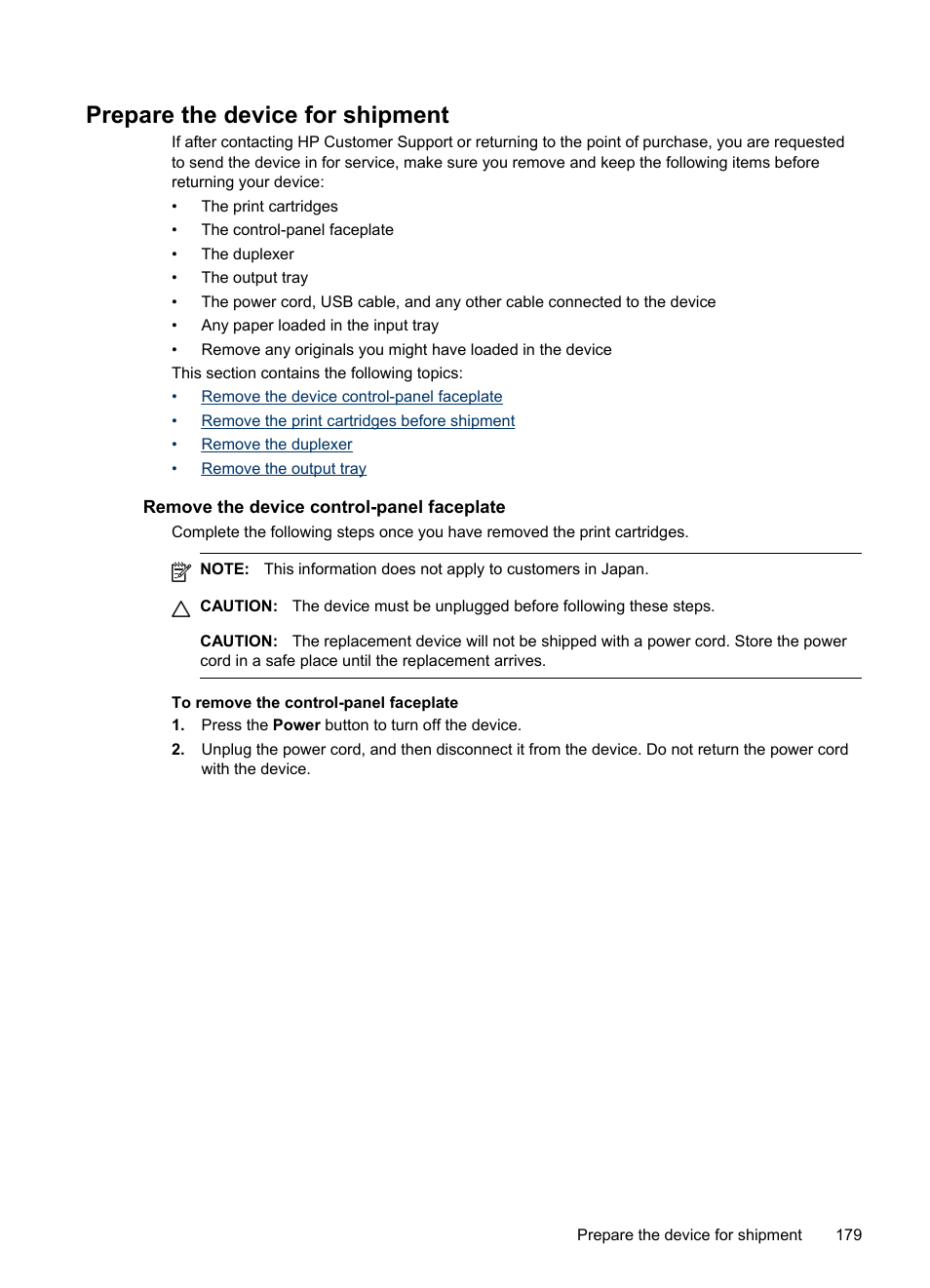 Prepare the device for shipment, Remove the device control-panel faceplate | HP Officejet J6480 All-in-One Printer User Manual | Page 183 / 218
