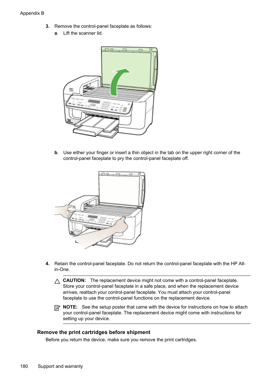 Remove the print cartridges before shipment | HP Officejet J6480 All-in-One Printer User Manual | Page 184 / 218
