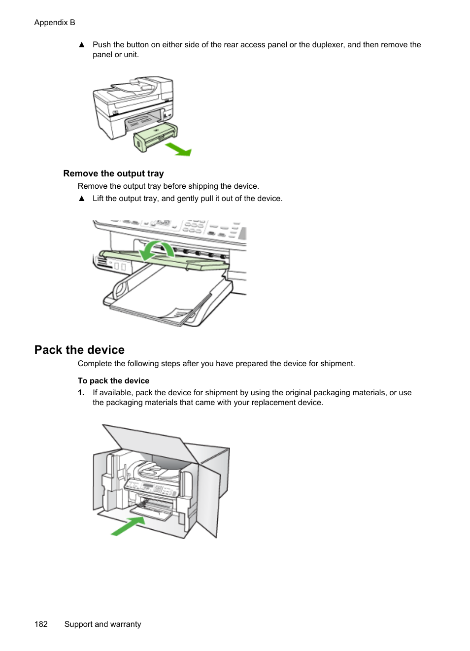 Remove the output tray, Pack the device | HP Officejet J6480 All-in-One Printer User Manual | Page 186 / 218