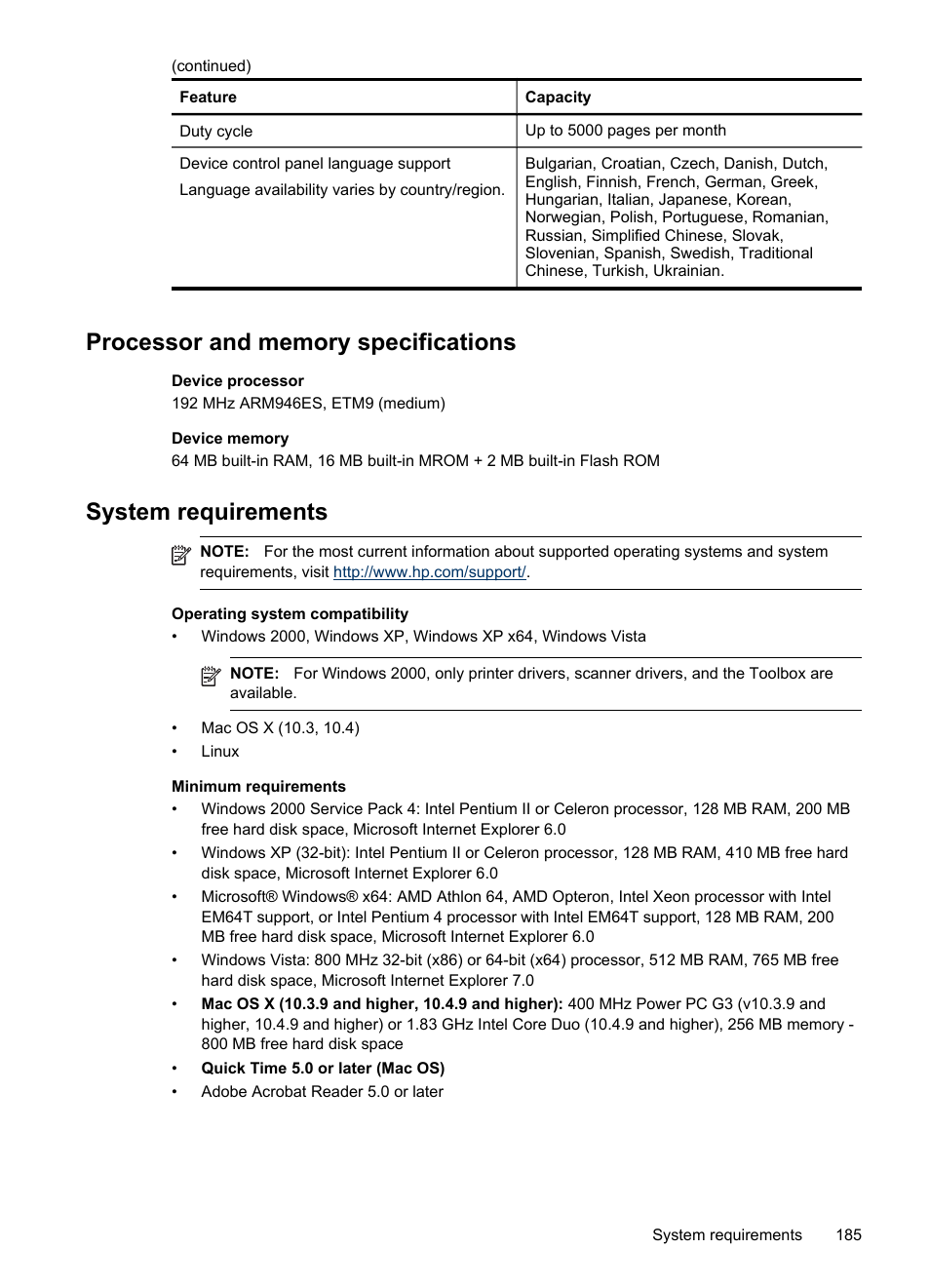 Processor and memory specifications, System requirements | HP Officejet J6480 All-in-One Printer User Manual | Page 189 / 218