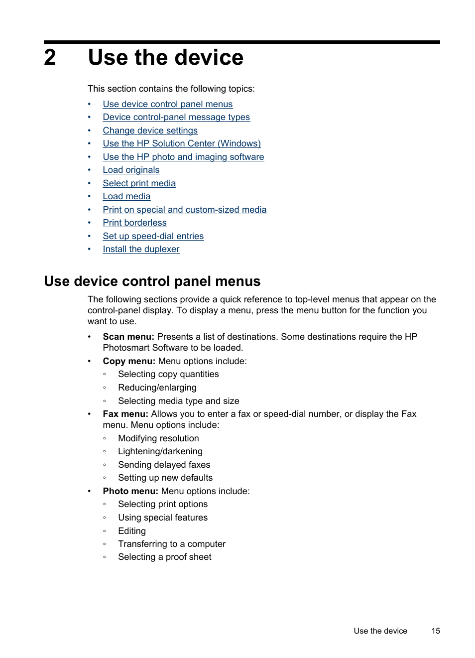 Use the device, Use device control panel menus, 2 use the device | 2use the device | HP Officejet J6480 All-in-One Printer User Manual | Page 19 / 218
