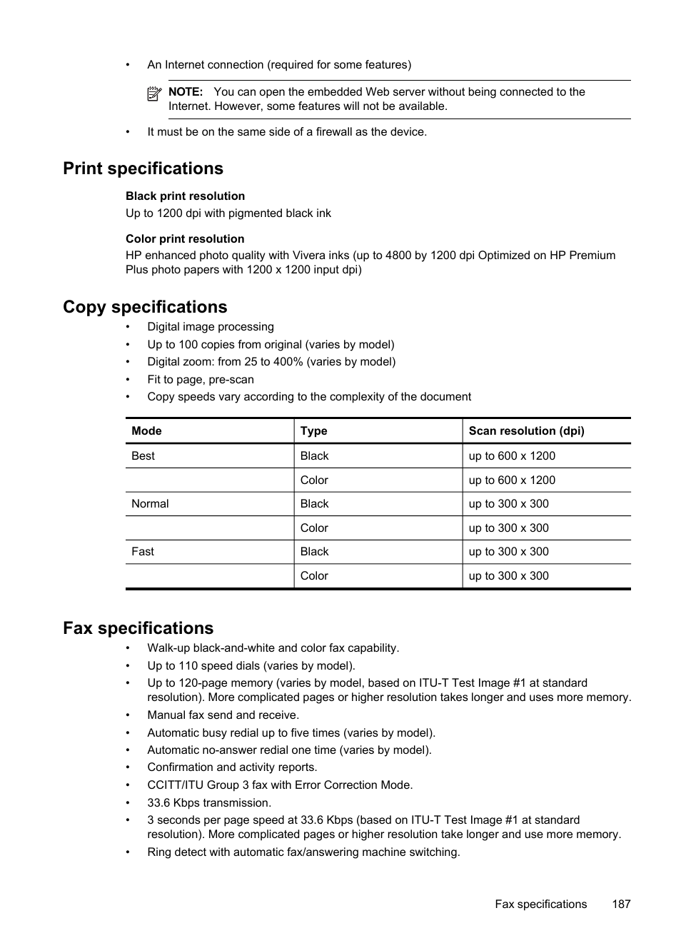 Print specifications, Copy specifications, Fax specifications | HP Officejet J6480 All-in-One Printer User Manual | Page 191 / 218