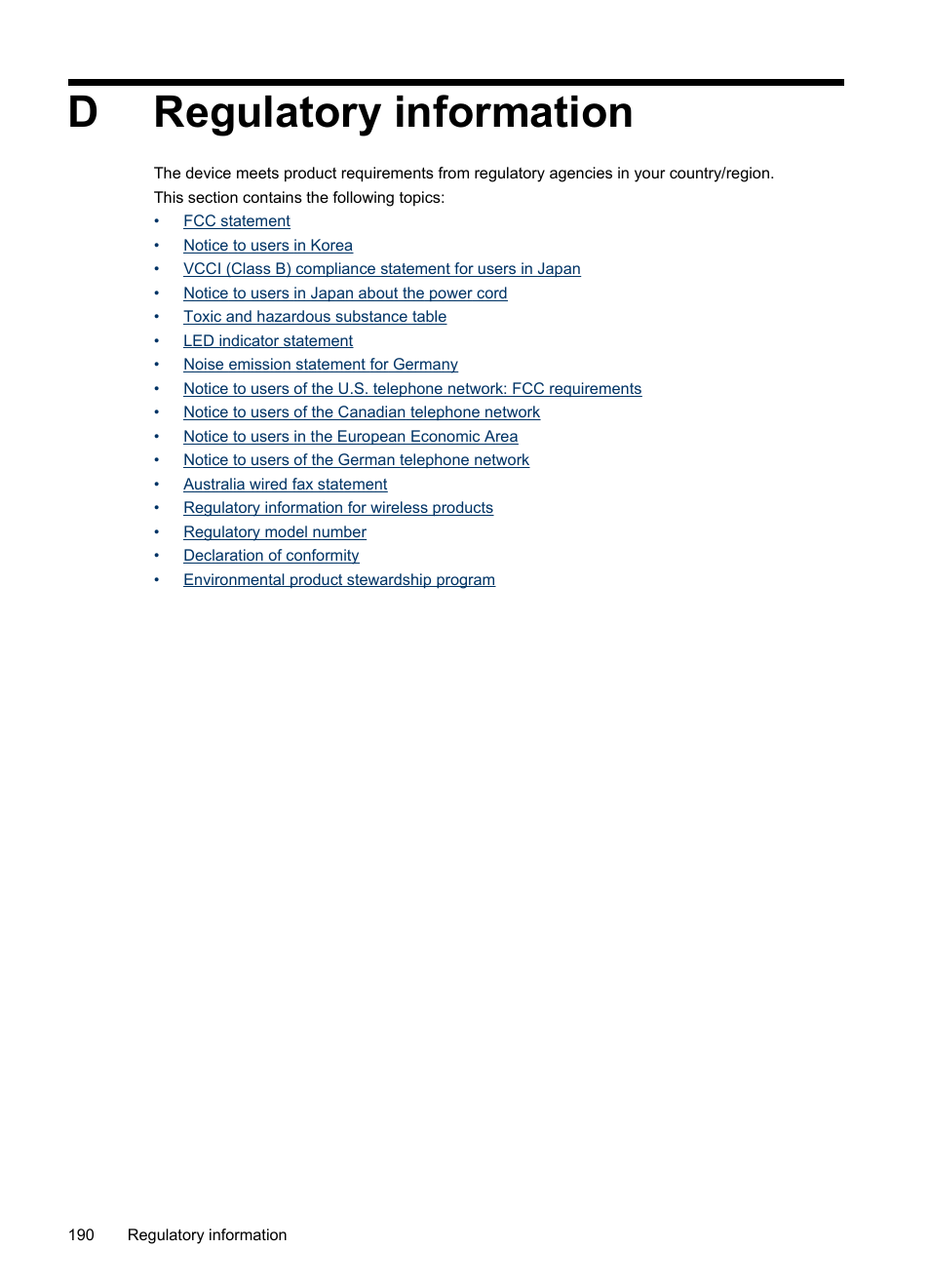 Regulatory information, D regulatory information, Dregulatory information | HP Officejet J6480 All-in-One Printer User Manual | Page 194 / 218
