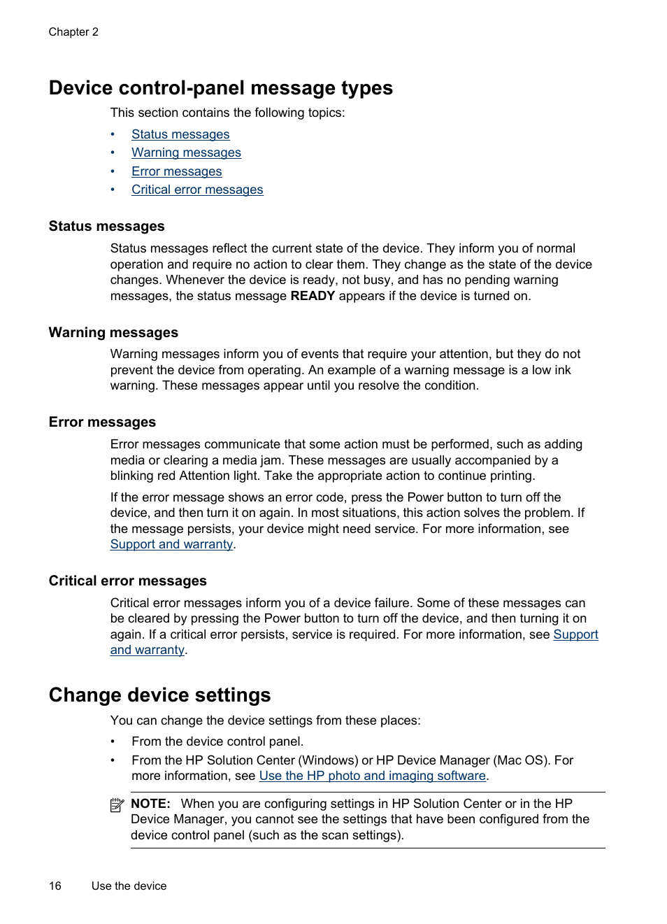 Device control-panel message types, Status messages, Warning messages | Error messages, Critical error messages, Change device settings | HP Officejet J6480 All-in-One Printer User Manual | Page 20 / 218