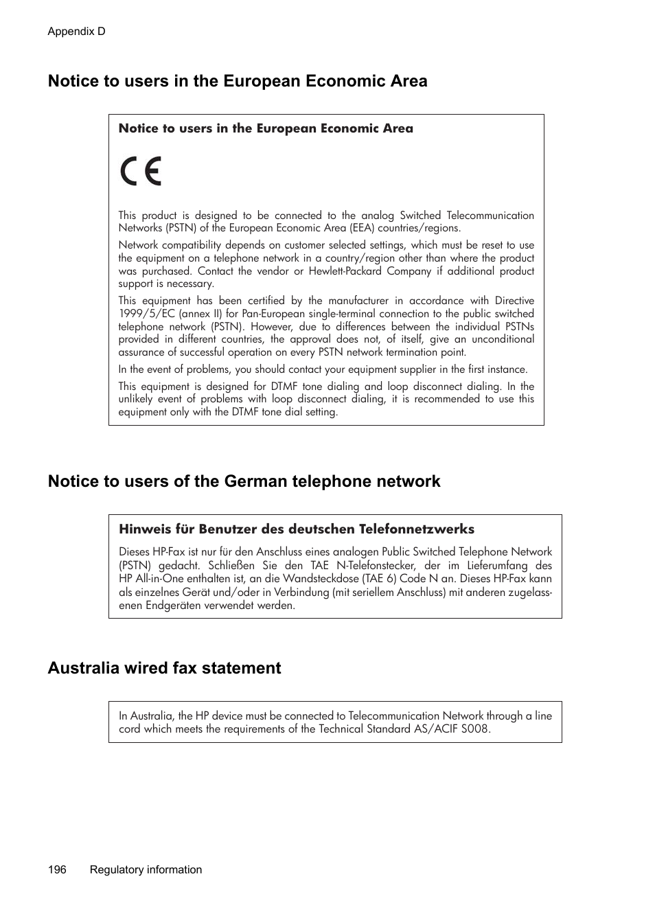 Notice to users in the european economic area, Notice to users of the german telephone network, Australia wired fax statement | HP Officejet J6480 All-in-One Printer User Manual | Page 200 / 218