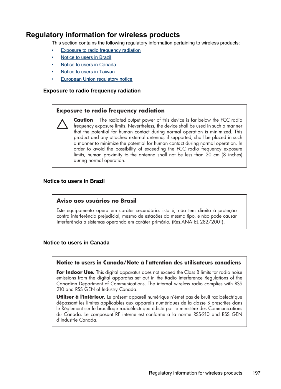 Regulatory information for wireless products, Exposure to radio frequency radiation, Notice to users in brazil | Notice to users in canada | HP Officejet J6480 All-in-One Printer User Manual | Page 201 / 218