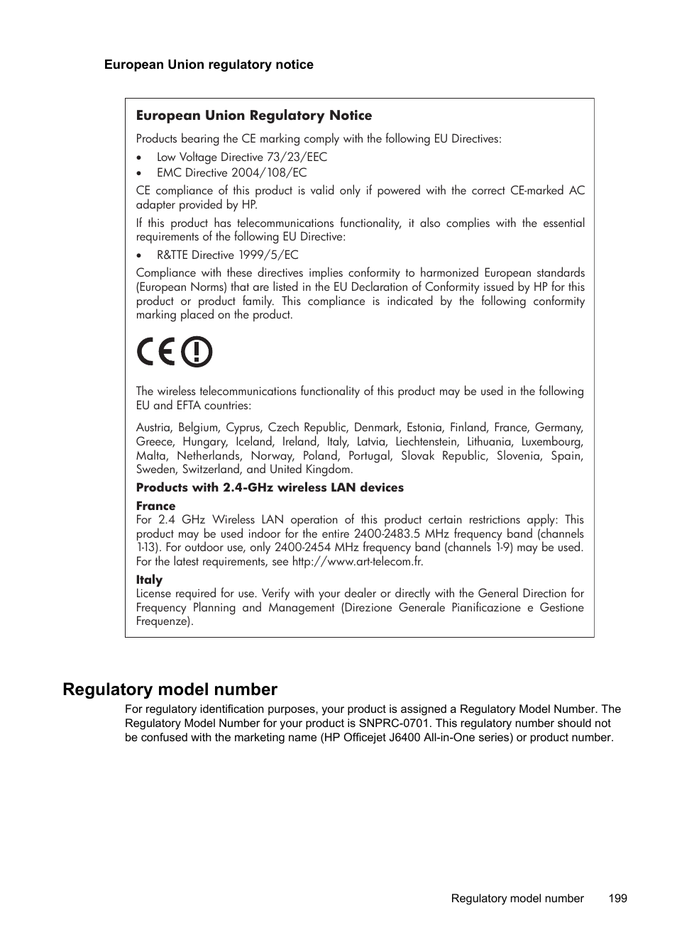 European union regulatory notice, Regulatory model number | HP Officejet J6480 All-in-One Printer User Manual | Page 203 / 218