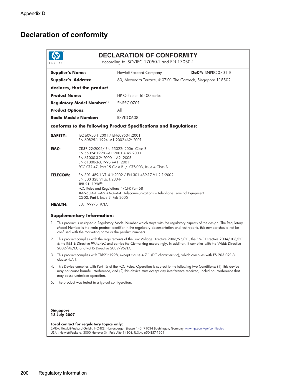 Declaration of conformity | HP Officejet J6480 All-in-One Printer User Manual | Page 204 / 218