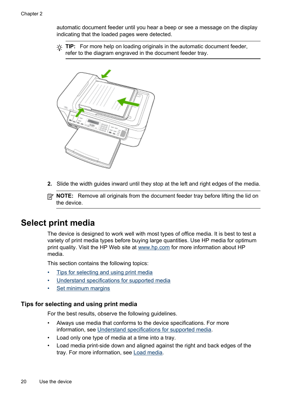 Select print media, Tips for selecting and using print media, Set minimum margins | HP Officejet J6480 All-in-One Printer User Manual | Page 24 / 218