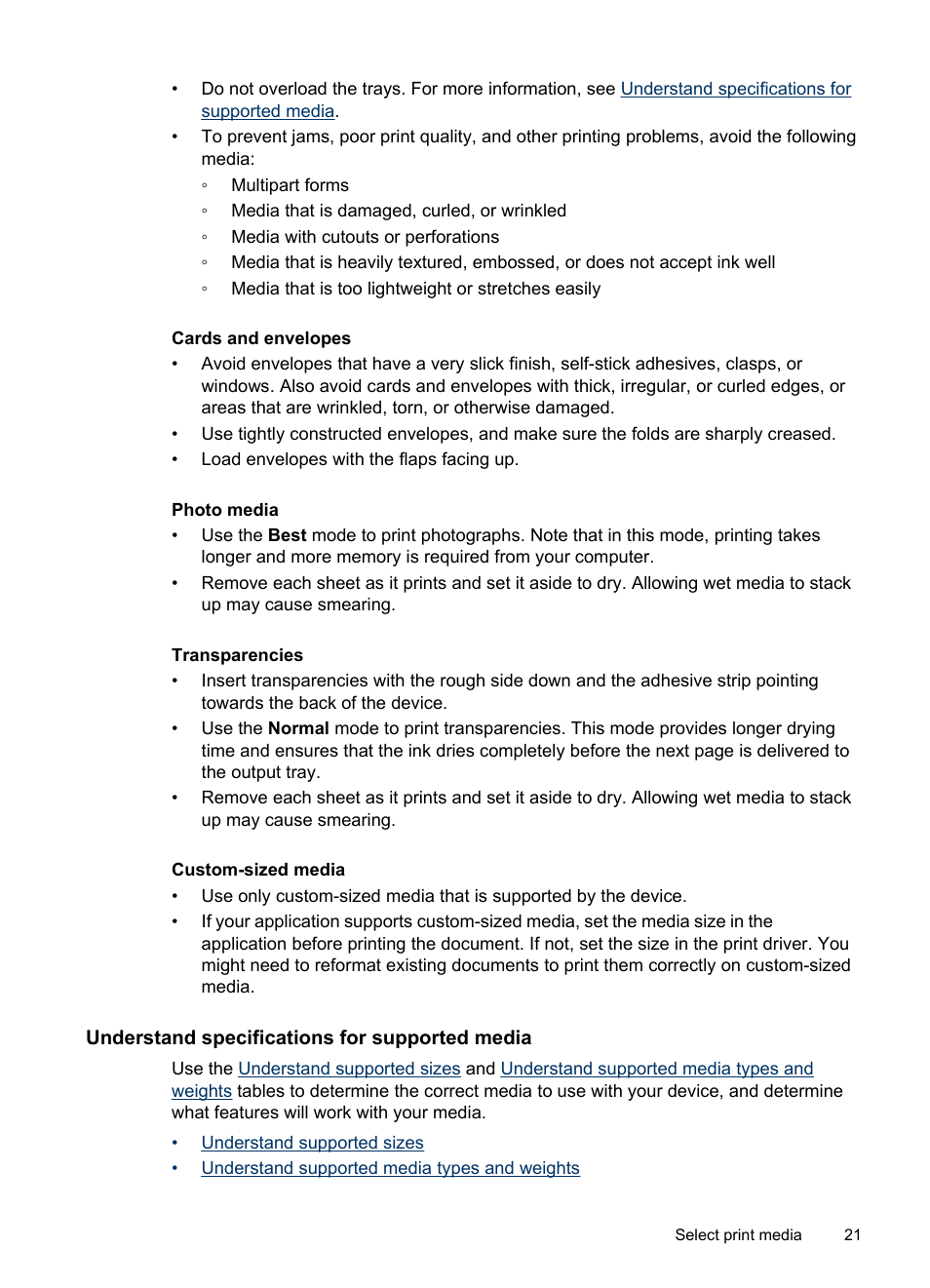Understand specifications for supported media, Information, see | HP Officejet J6480 All-in-One Printer User Manual | Page 25 / 218