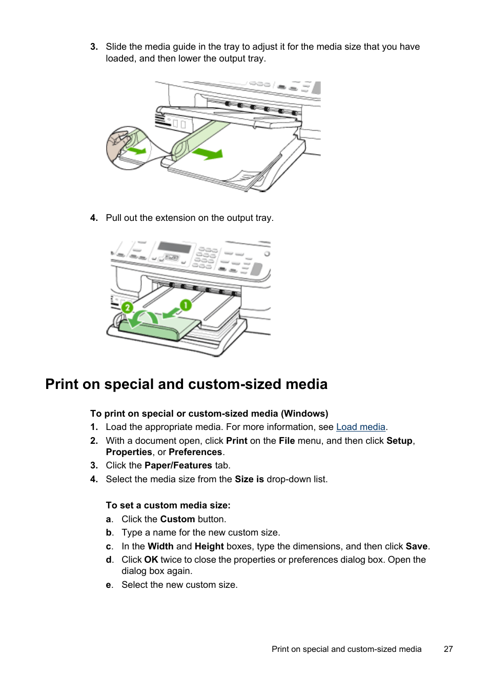 Print on special and custom-sized media | HP Officejet J6480 All-in-One Printer User Manual | Page 31 / 218