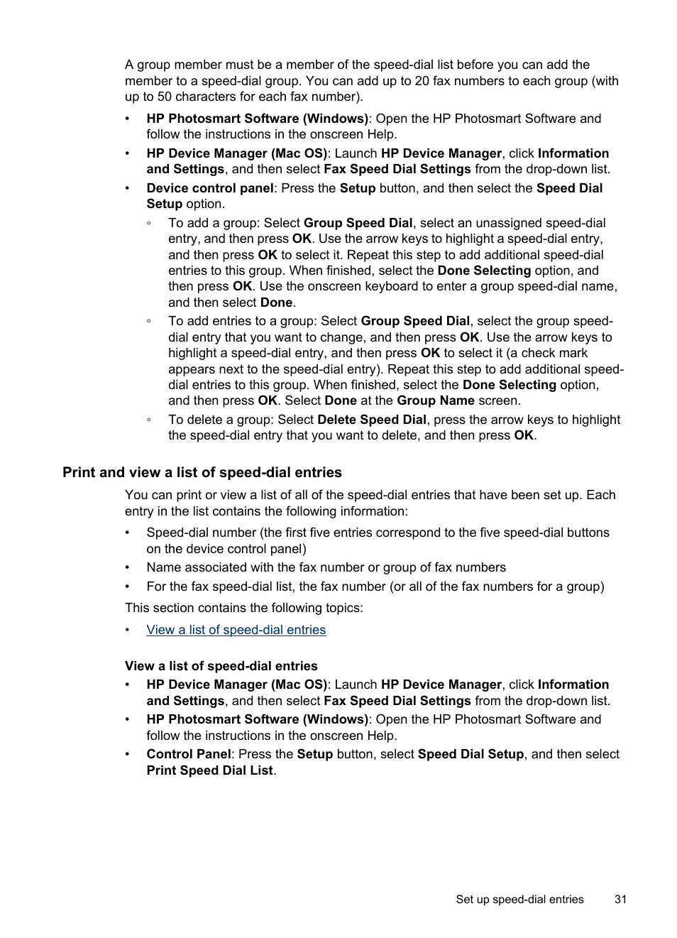 Print and view a list of speed-dial entries, View a list of speed-dial entries, Print | And view a list of speed-dial entries | HP Officejet J6480 All-in-One Printer User Manual | Page 35 / 218