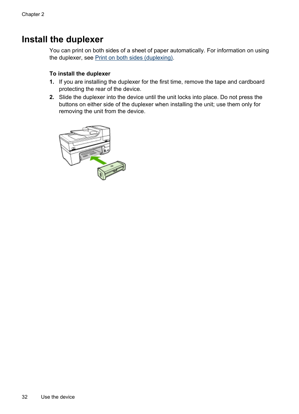 Install the duplexer | HP Officejet J6480 All-in-One Printer User Manual | Page 36 / 218