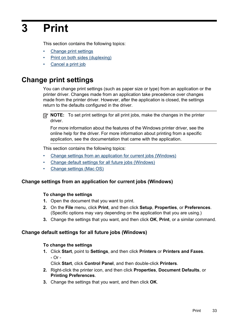 Print, Change print settings, 3 print | 3print | HP Officejet J6480 All-in-One Printer User Manual | Page 37 / 218