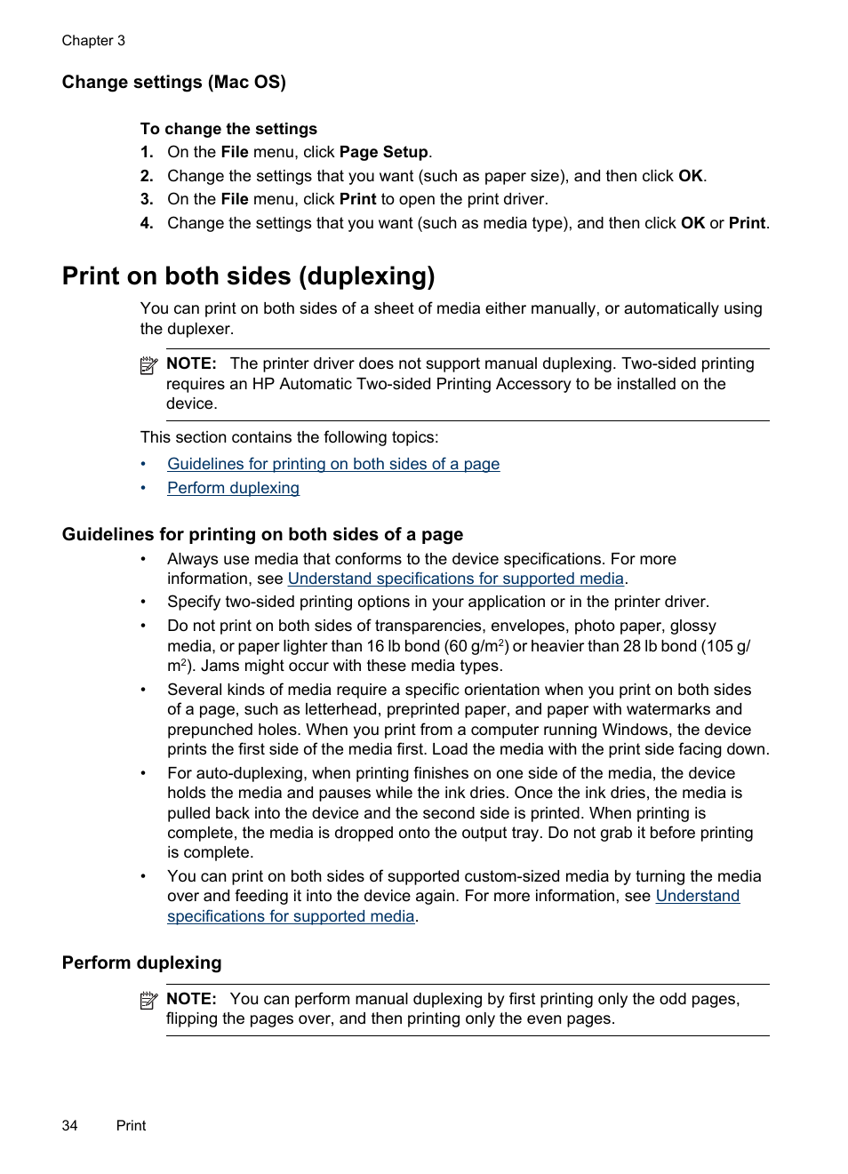 Change settings (mac os), Print on both sides (duplexing), Perform duplexing | HP Officejet J6480 All-in-One Printer User Manual | Page 38 / 218