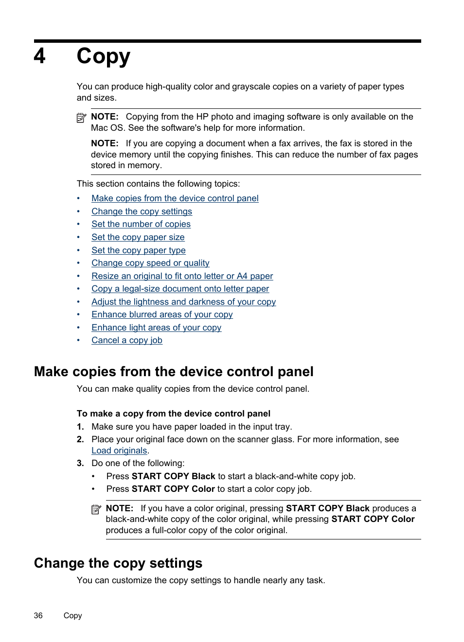 Copy, Make copies from the device control panel, Change the copy settings | 4 copy, 4copy | HP Officejet J6480 All-in-One Printer User Manual | Page 40 / 218