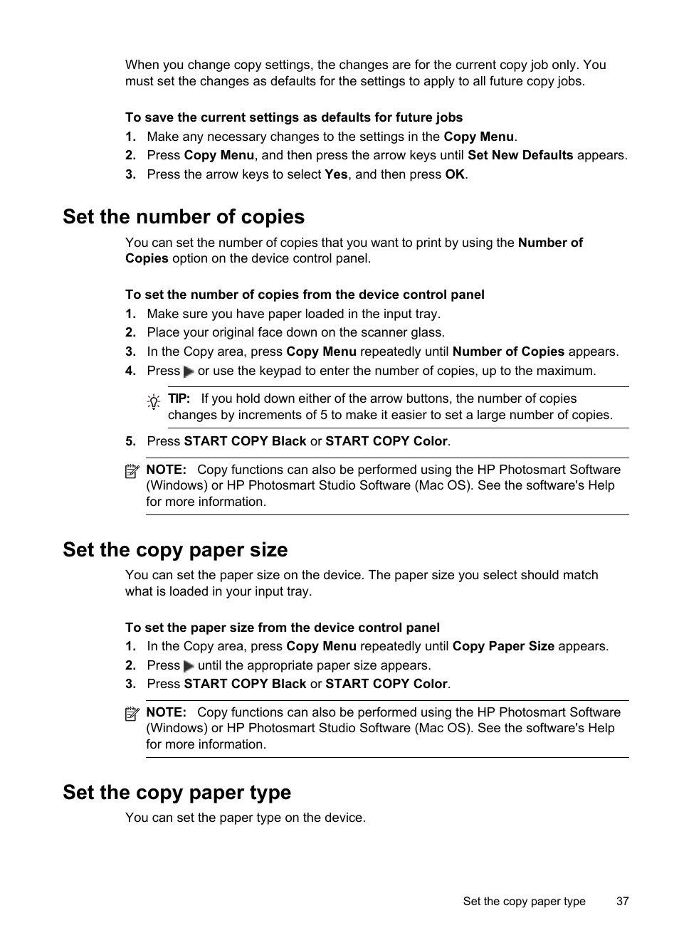 Set the number of copies, Set the copy paper size, Set the copy paper type | HP Officejet J6480 All-in-One Printer User Manual | Page 41 / 218