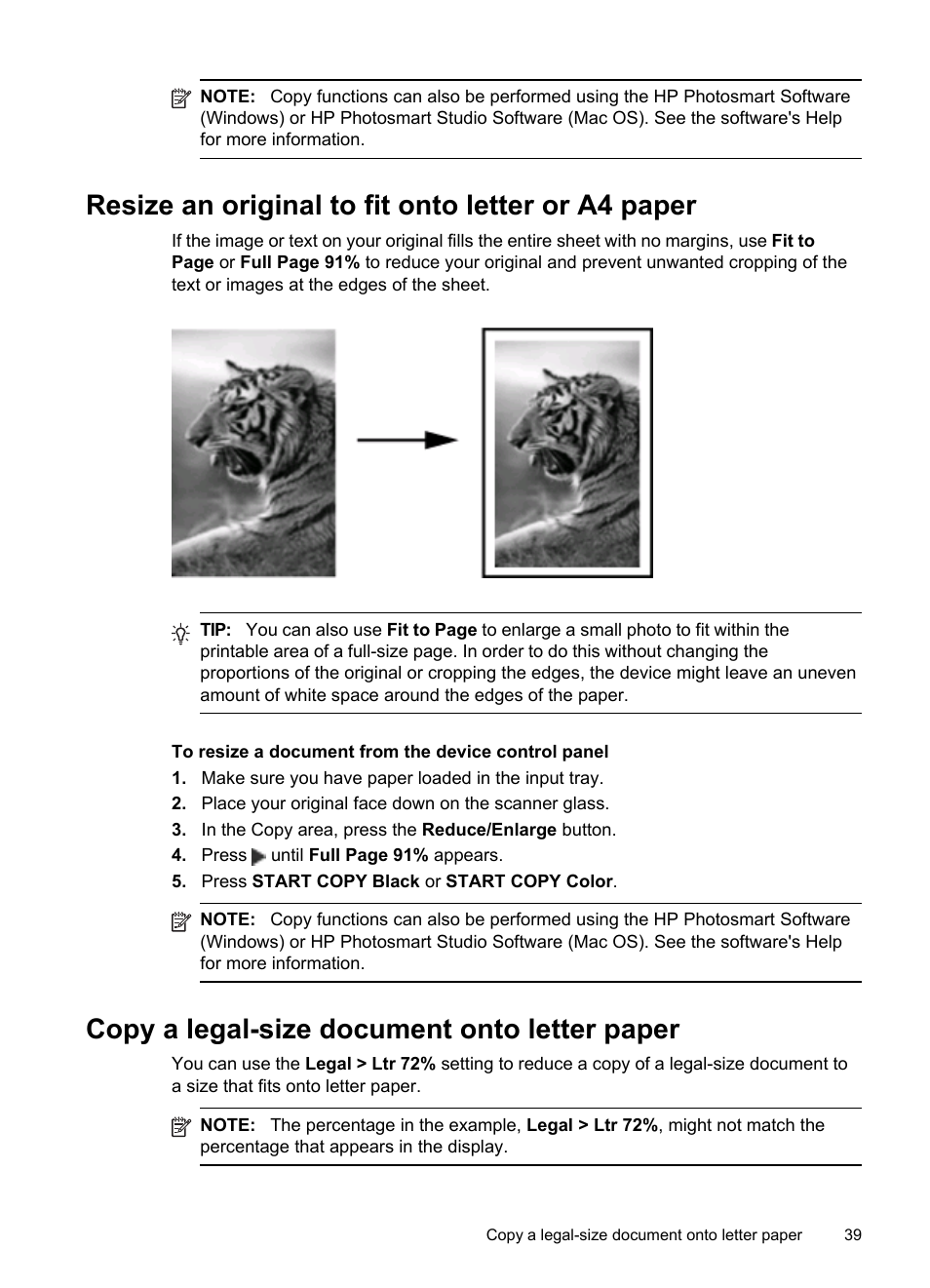 Resize an original to fit onto letter or a4 paper, Copy a legal-size document onto letter paper | HP Officejet J6480 All-in-One Printer User Manual | Page 43 / 218