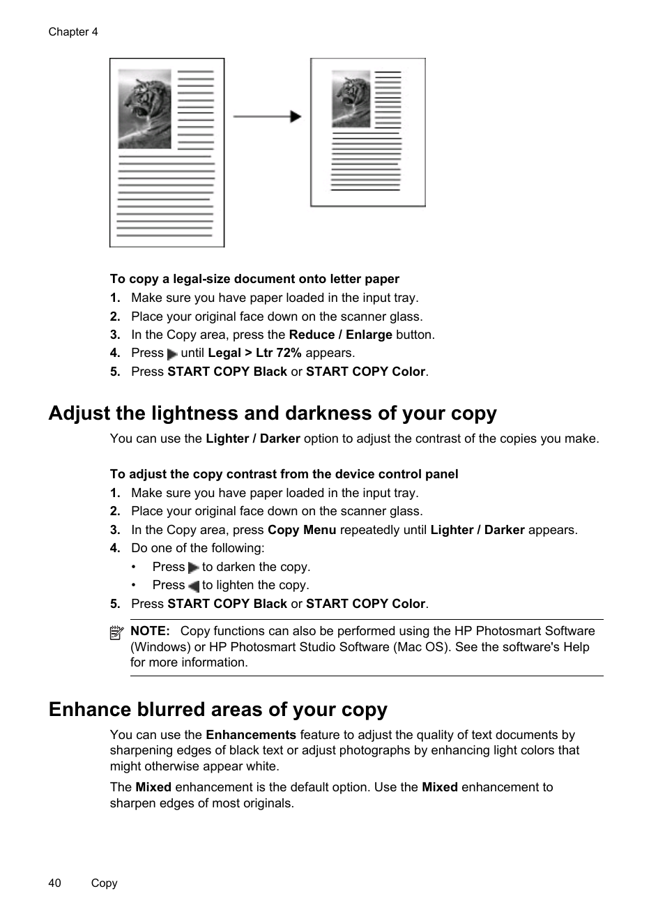 Adjust the lightness and darkness of your copy, Enhance blurred areas of your copy | HP Officejet J6480 All-in-One Printer User Manual | Page 44 / 218