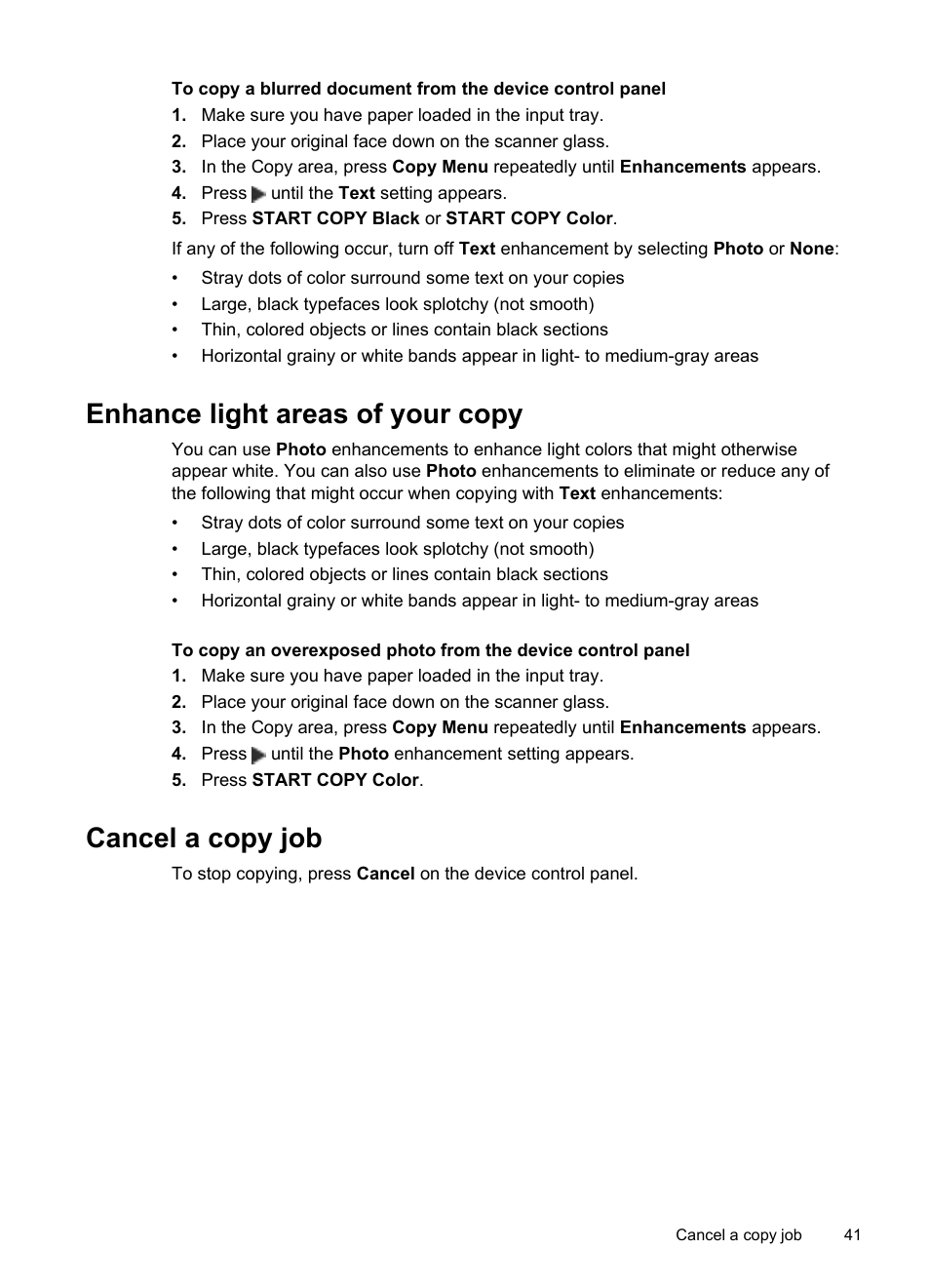 Enhance light areas of your copy, Cancel a copy job, Enhance light areas of your copy cancel a copy job | HP Officejet J6480 All-in-One Printer User Manual | Page 45 / 218