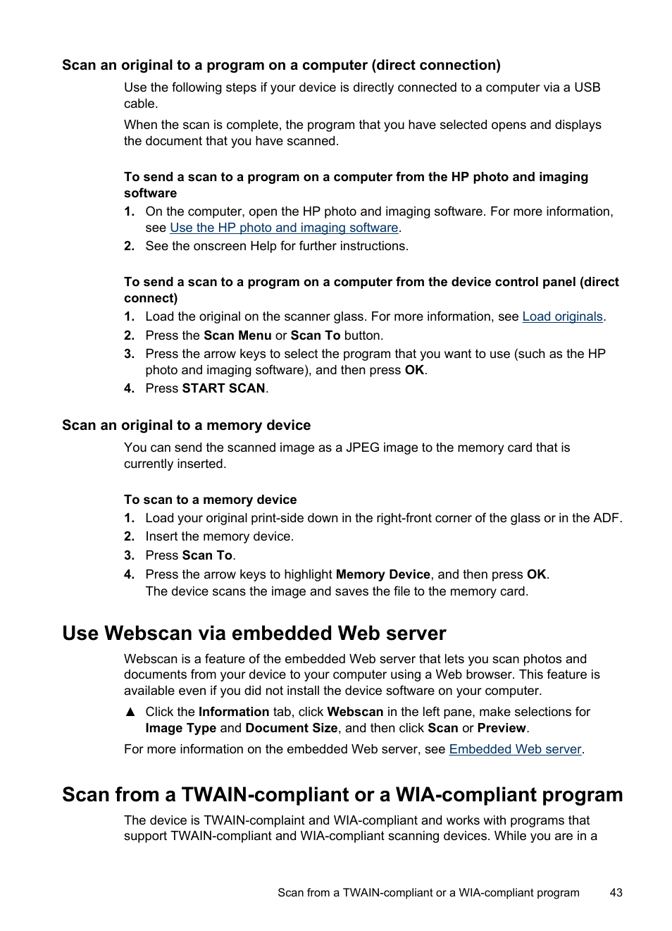Scan an original to a memory device, Use webscan via embedded web server | HP Officejet J6480 All-in-One Printer User Manual | Page 47 / 218