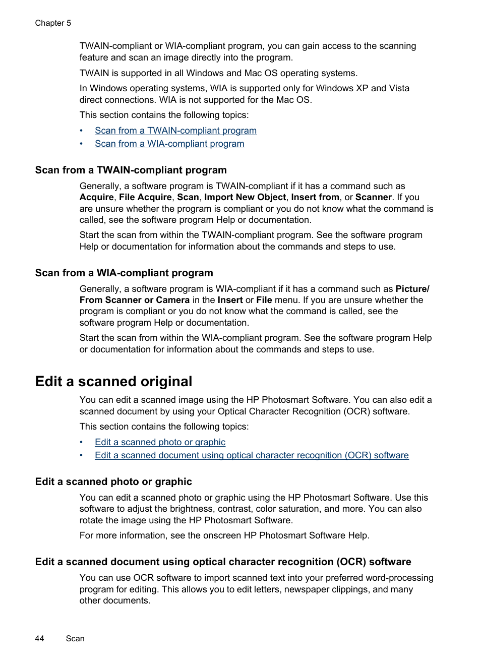 Scan from a twain-compliant program, Scan from a wia-compliant program, Edit a scanned original | Edit a scanned photo or graphic | HP Officejet J6480 All-in-One Printer User Manual | Page 48 / 218