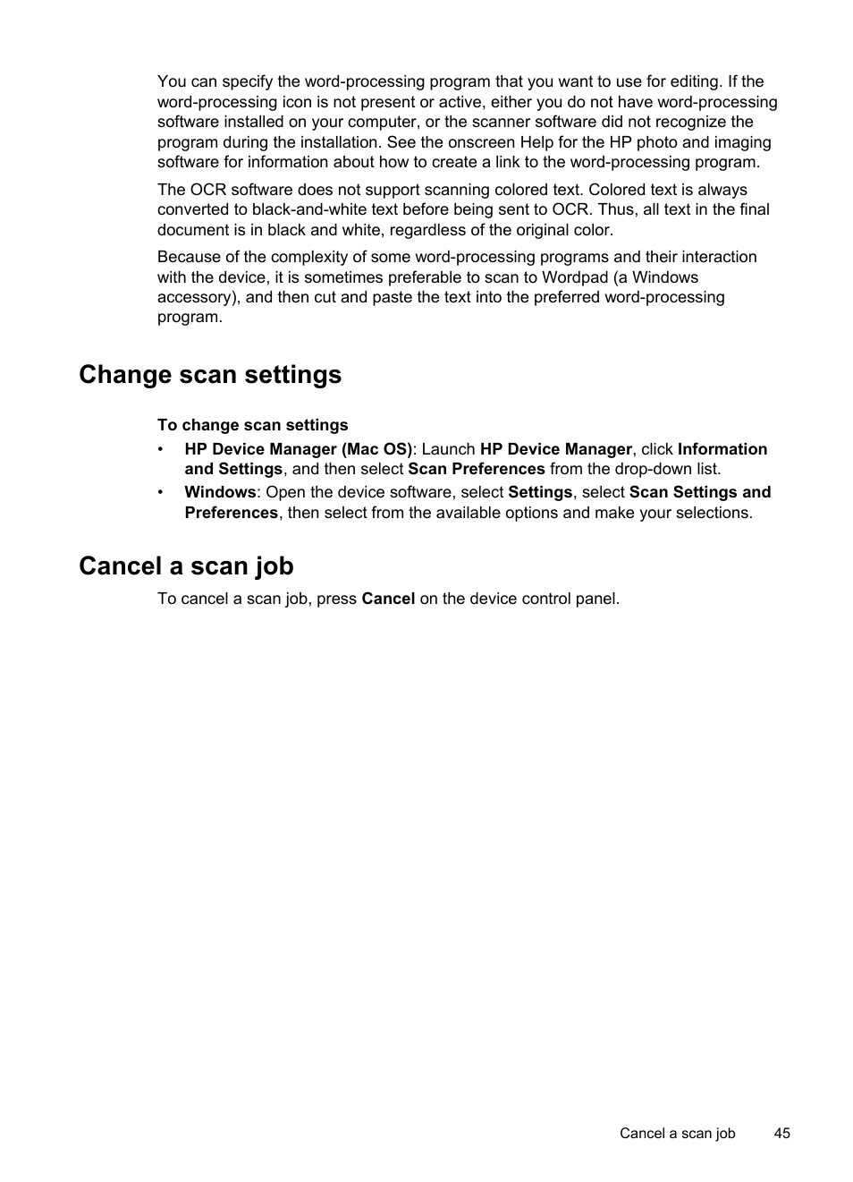Change scan settings, Cancel a scan job, Change scan settings cancel a scan job | HP Officejet J6480 All-in-One Printer User Manual | Page 49 / 218