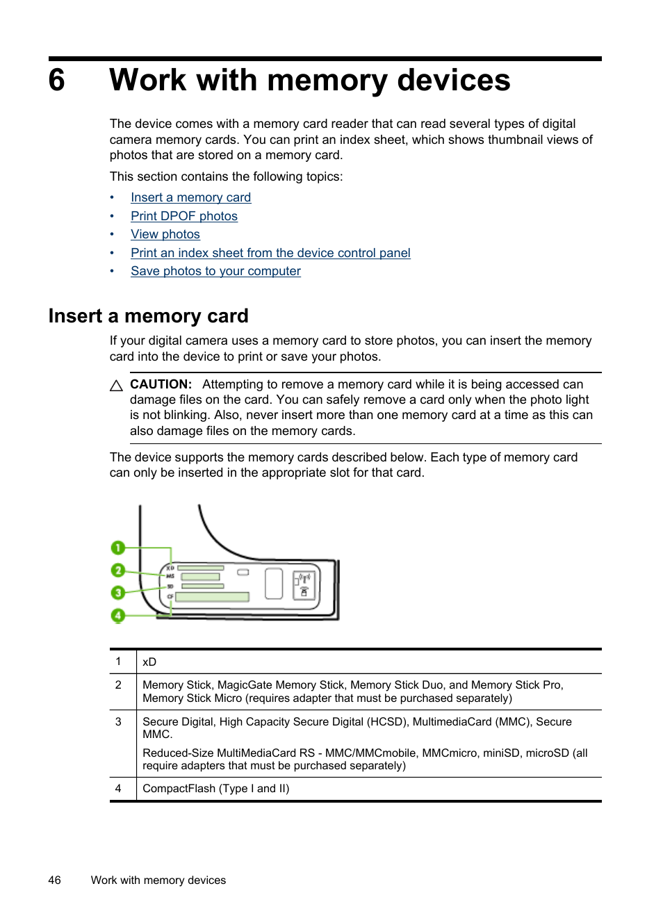 Work with memory devices, Insert a memory card, 6 work with memory devices | HP Officejet J6480 All-in-One Printer User Manual | Page 50 / 218