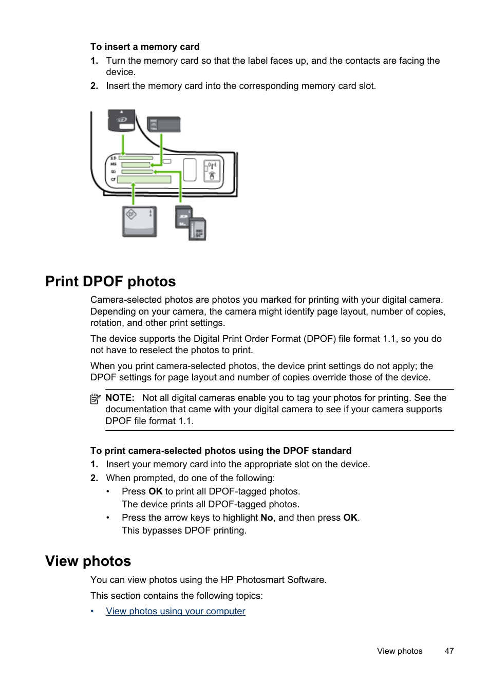 Print dpof photos, View photos, Print dpof photos view photos | View photos using your computer | HP Officejet J6480 All-in-One Printer User Manual | Page 51 / 218