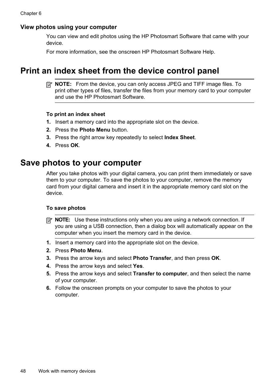View photos using your computer, Print an index sheet from the device control panel, Save photos to your computer | HP Officejet J6480 All-in-One Printer User Manual | Page 52 / 218